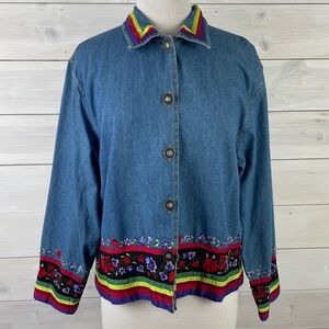 Tantrum Blues Blue Denim Jacket Women's Embroidered Flowers